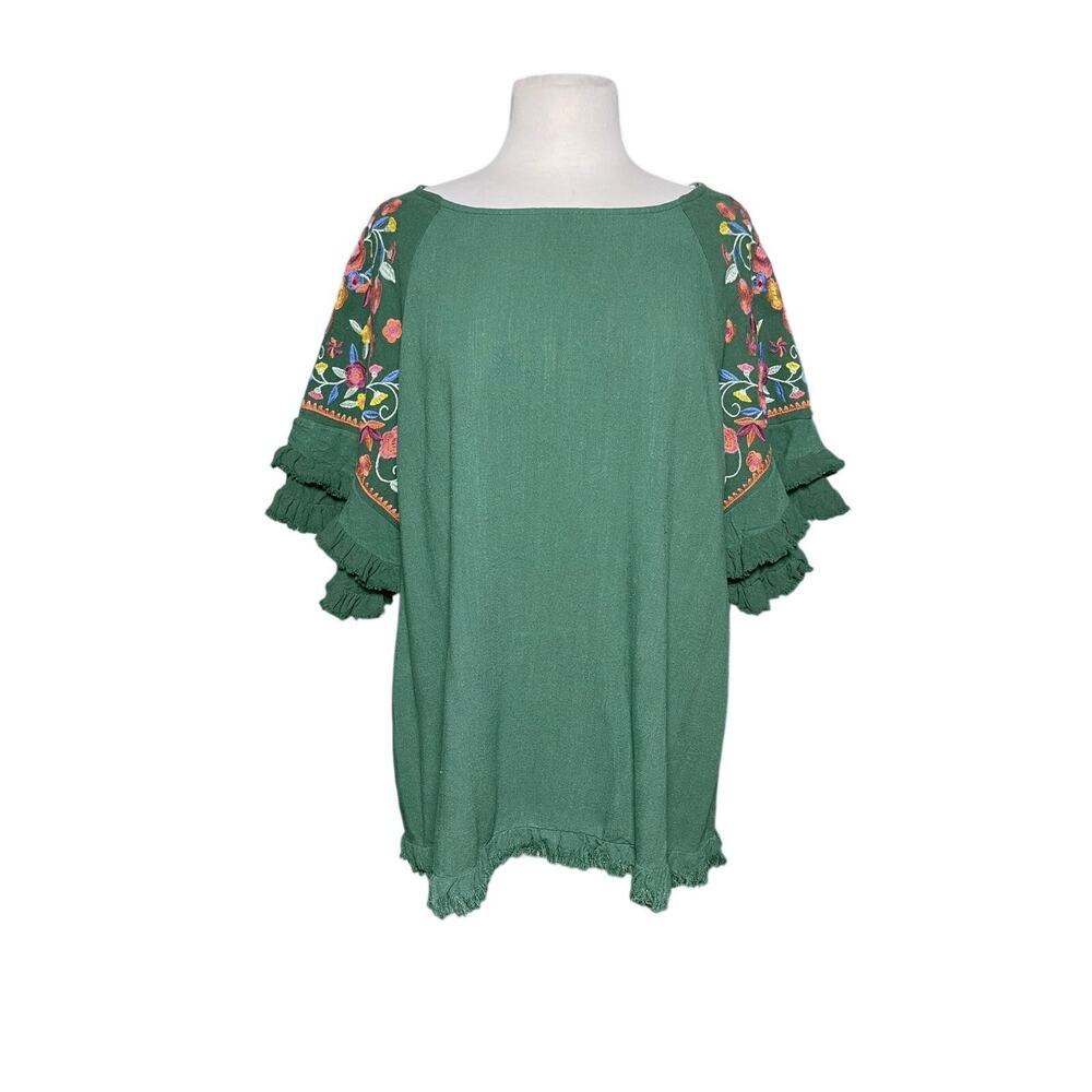 NWT UMGEE Boho Linen Blend Green Tiered Ruffle Trim Embrodiered Top